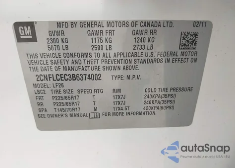 2011 Chevrolet Equinox Ls из США, поврежденный, VIN 2CNFLCEC3B6374002